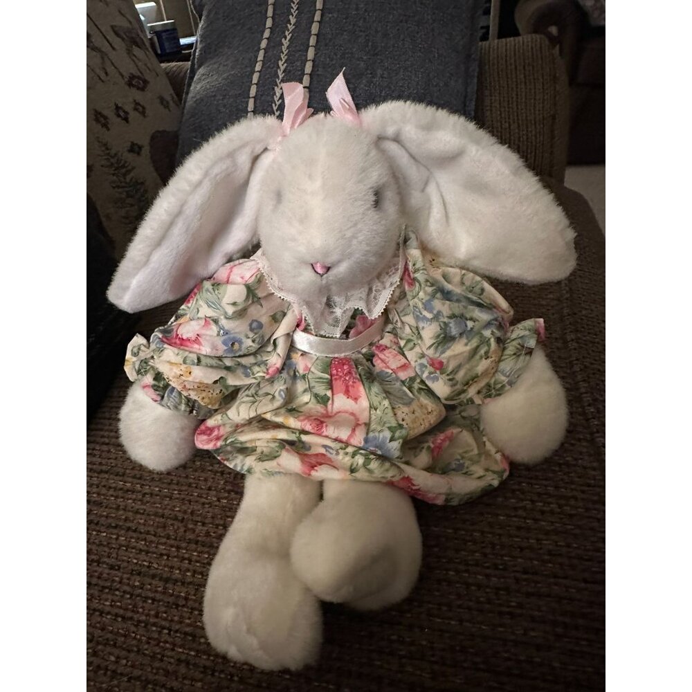 Vintage White Plush Bunny Doll With Floral Dress & Lace Collar